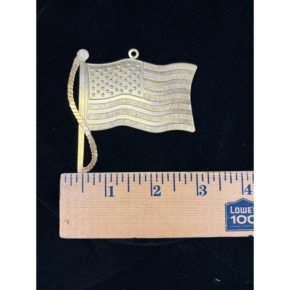 Vintage Brass Tone American Flag Ornament Waving US Flag Patriotic Holiday Decor